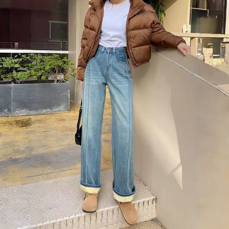 原创【高弹力+窄版+加绒】2025秋冬窄版显瘦设计款高弹直筒牛仔裤