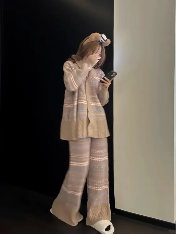 韩版慵懒风半边绒睡衣女秋季新款长袖长裤套装可外穿针织家居服