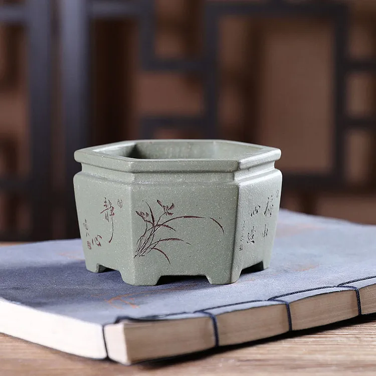 『束口六方』暖暖精选紫砂花盆手工小号桌面绿植盆景盆栽菖蒲竹子