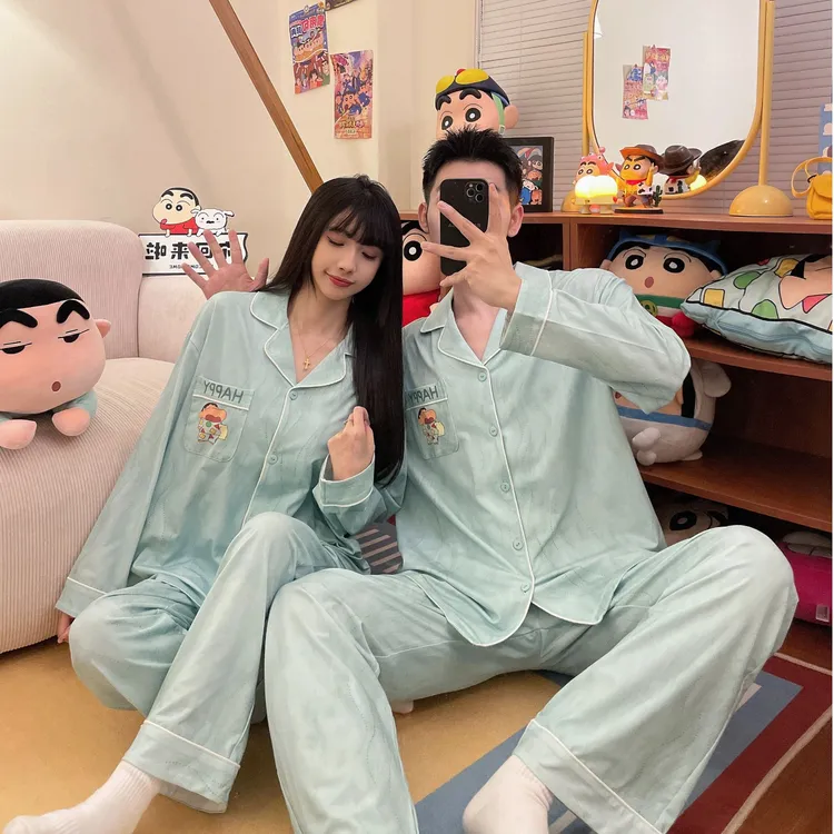 奥美诗嘉蜡笔小新联名情侣睡衣女春秋薄款卡通印花长袖纯棉家居服