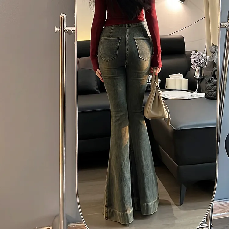 复古蓝辣妹炸街大喇叭秋季小个子修身显瘦高腰微喇叭牛仔裤女阔腿