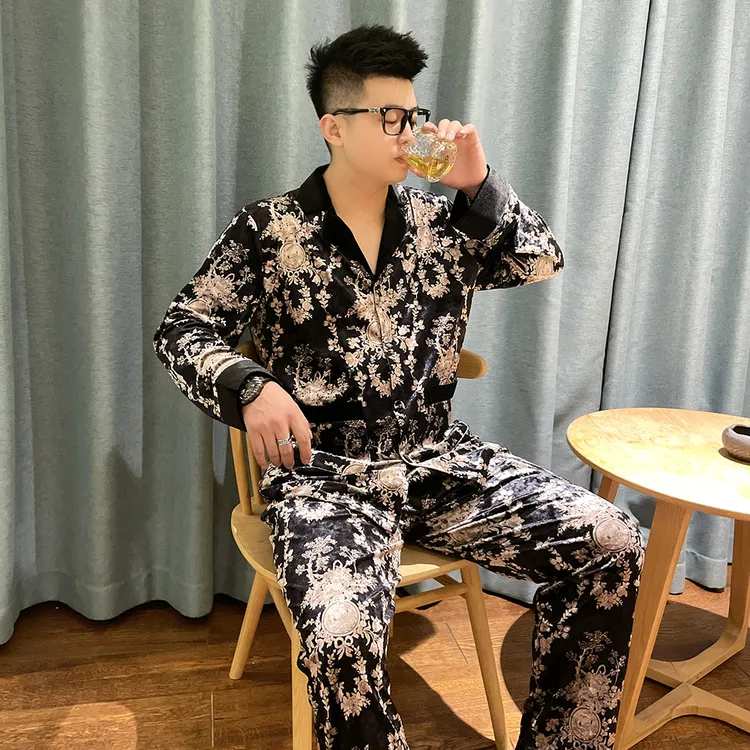 大码男士金丝绒印花睡衣套装2025秋季高品质奢华可外穿家居服男款