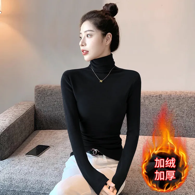 黑色加绒加厚保暖高领打底衫女秋冬新款德绒内搭长袖t恤洋气上衣
