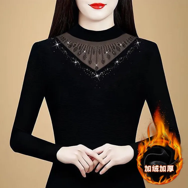 打底衫女秋冬新款修身显瘦网纱烫钻上衣加绒加厚洋气保暖小衫