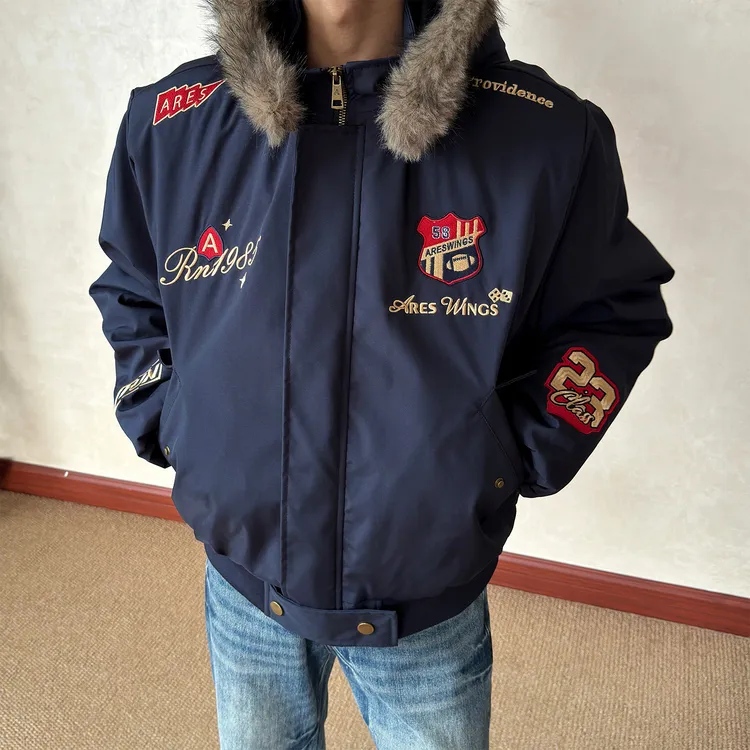 布老哥Blog美式复古勋章刺绣座山雕棉服保暖"帽子可拆卸"棉衣W599