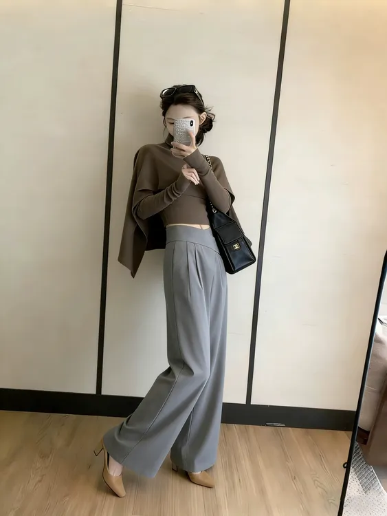 高领针织衫女复古气质高级感绝美斗篷披肩设计修身上衣裤子两件套