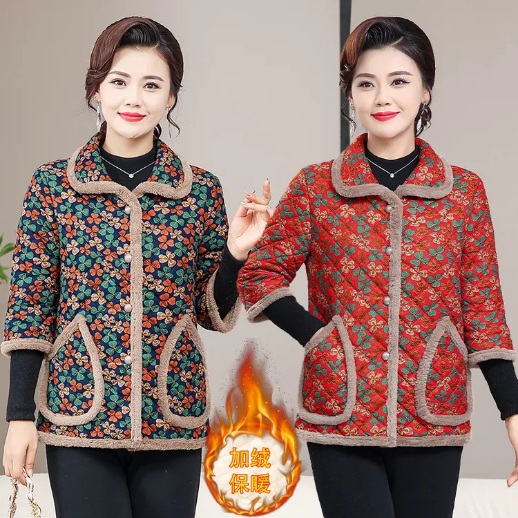 秋冬新款中老年女装中袖棉衣加绒外套妈妈装花袄奶奶保暖碎花上衣