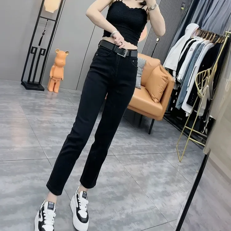 黑色高腰烟管牛仔裤女2025秋冬加绒宽松显瘦小个子九分直筒法棍裤