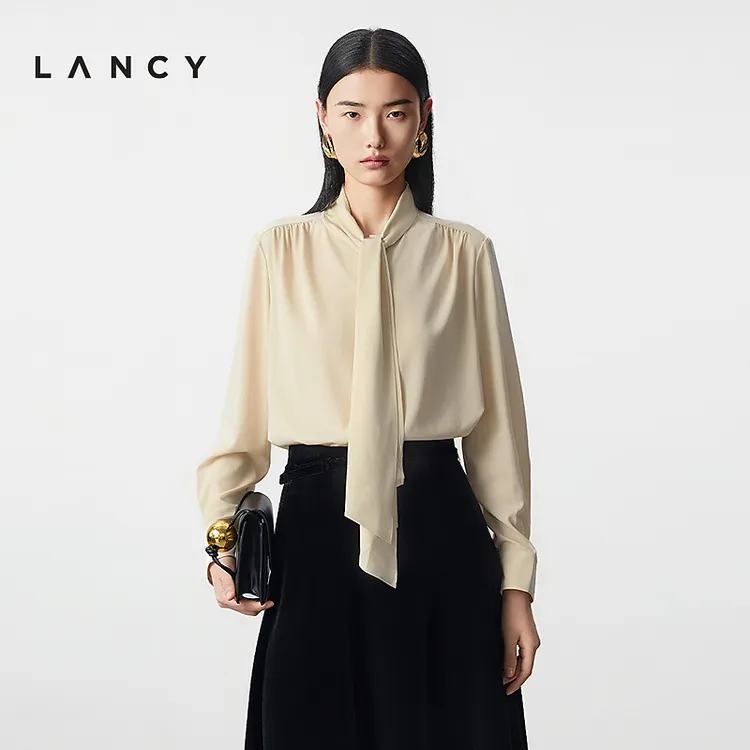 LANCY/朗姿2025冬新款法式桑蚕丝飘带领衬衫女秋气质优雅通勤上衣