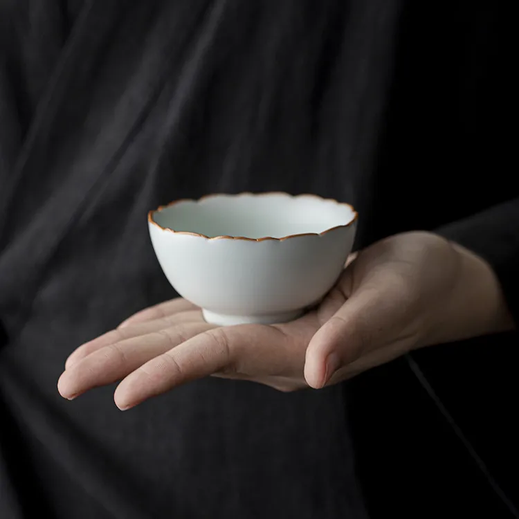 汝窑荷瓣杯100ml手工高档陶瓷茶杯家用主人杯单杯天青色原矿汝瓷