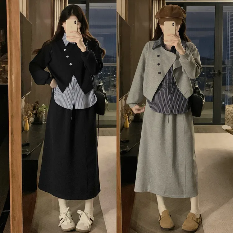 大码胖mm新款韩版条纹拼接上衣＋百搭半身裙显瘦时尚两件套装女
