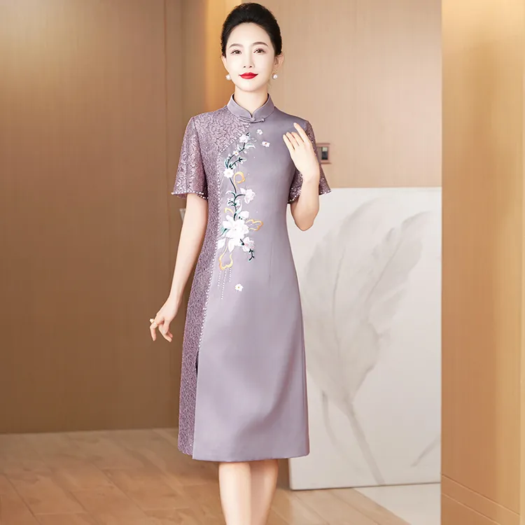 2483 新中式妈妈装婚宴礼服夏款年轻显瘦喜婆婆喜妈妈紫色礼服