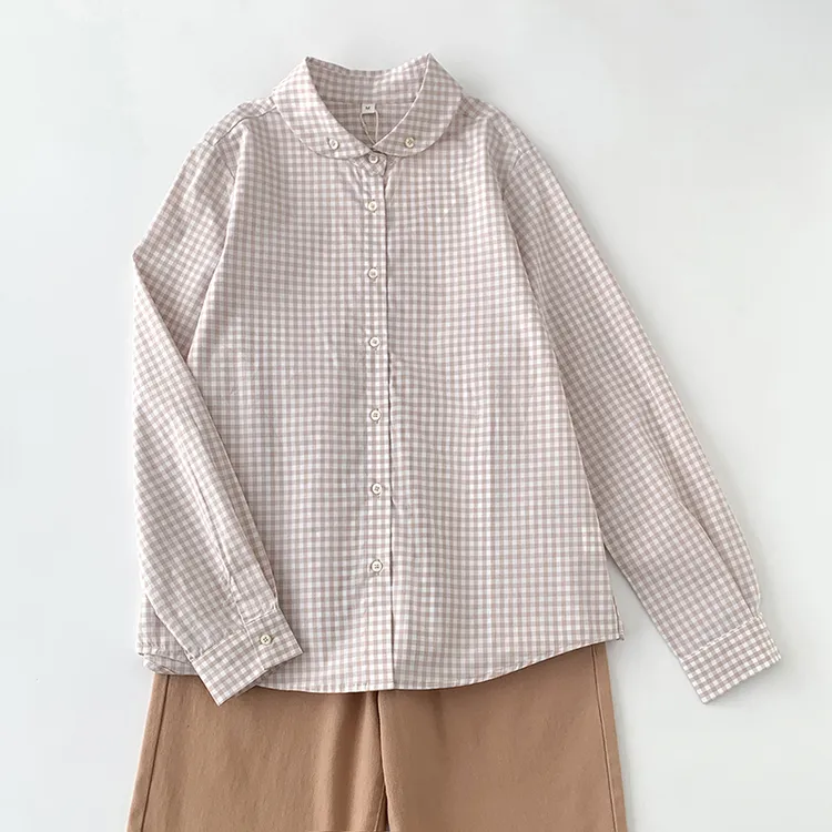 宽松时尚百搭显瘦文艺棉麻格纹衬衣上衣女韩版长袖格子排扣衬衫 