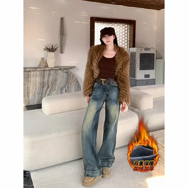 怀旧风不贴腿加绒牛仔裤女2025冬季新款高腰百搭修身显瘦微喇长裤
