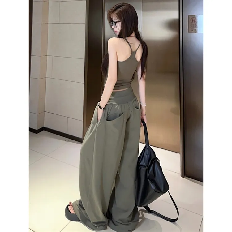 180高个子175加长灰绿色低腰阔腿裤女宽松休闲抽绳拖地运动裤卫裤