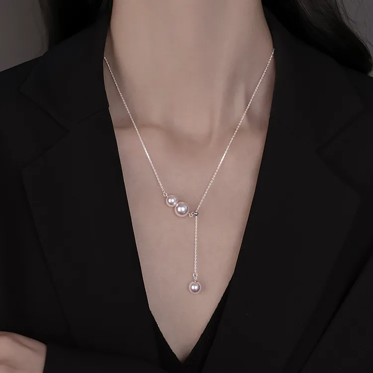 链子925银仿珍珠 施家珍珠抽拉毛衣链女2025锁骨链优雅流苏项链