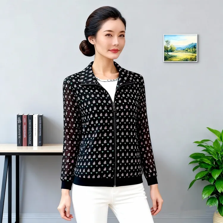 锦依罗时尚洋气质中老年女装春秋季台湾网纱长袖拉链外套上衣