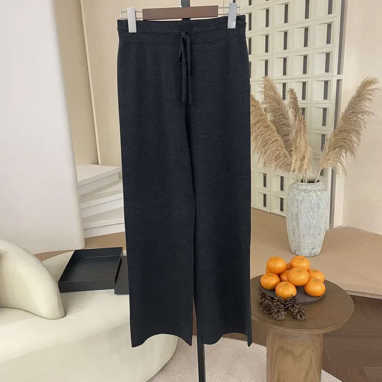 扬子纱120支100纯羊毛高腰垂感阔腿裤女百搭针织休闲直筒外穿裤