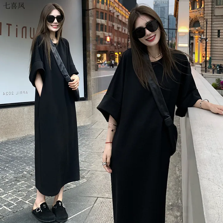 夏季新款慵懒风宽松短袖聚酯纤维中长款连衣裙黑色多码可选七喜凤