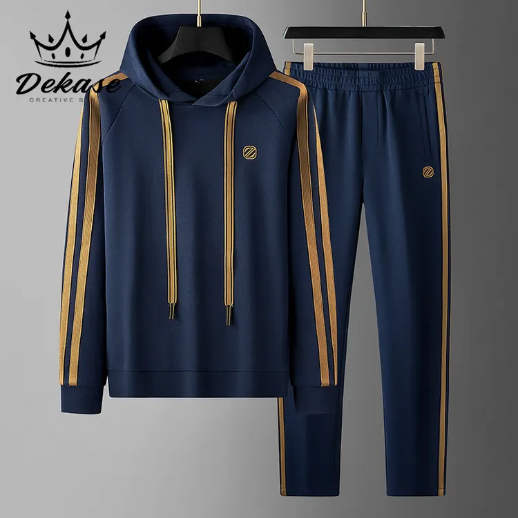 DEKASE连帽运动套装男士春秋季长袖卫衣直筒裤休闲舒适条纹两件套
