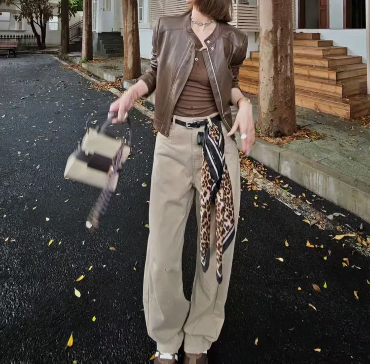 熙薇【柿红映阶】2025早秋新款时尚百搭复古气质皮衣外套H3726