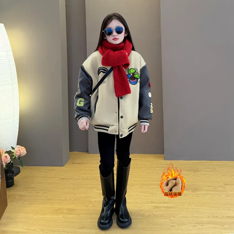 女童秋冬季夹棉加厚棒球服2025新款韩版洋气拼色中大童铅笔裤套装