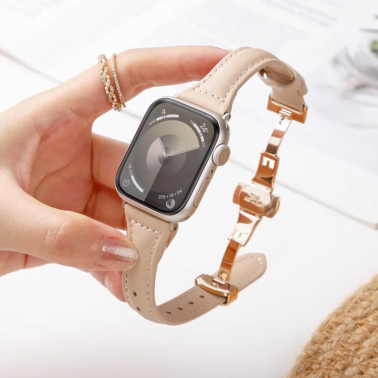 适用小米手环9pro表带红米watch6小蛮腰真皮金属蝴蝶扣8pro女款秋