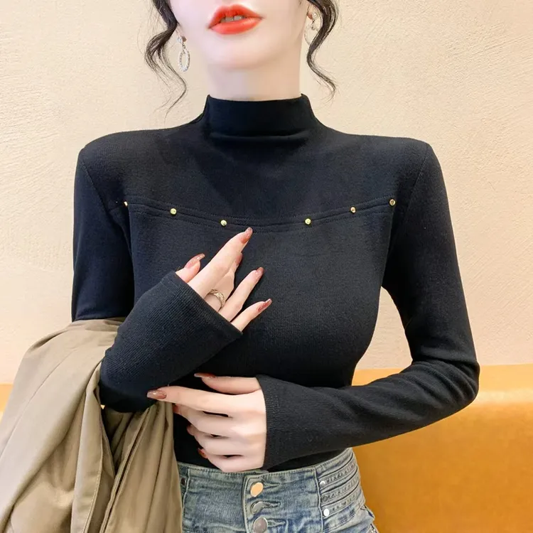 半高领设计感打底衫女2025秋冬新款钉珠修身显瘦T恤百搭上衣7136