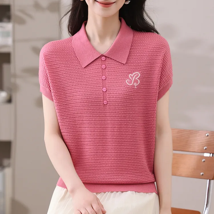 MUYANG/沐羊莱赛尔天丝夏季娃娃领短袖针织衫女气质上衣薄款