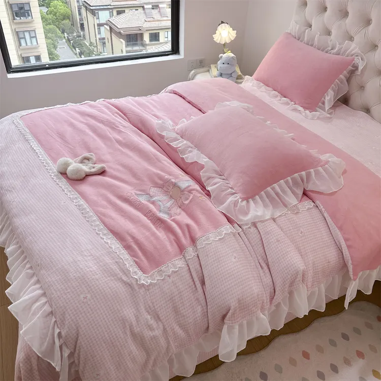少女公主牛奶绒四件套韩版花边蝴蝶结加厚保暖防静电冬季床品套件