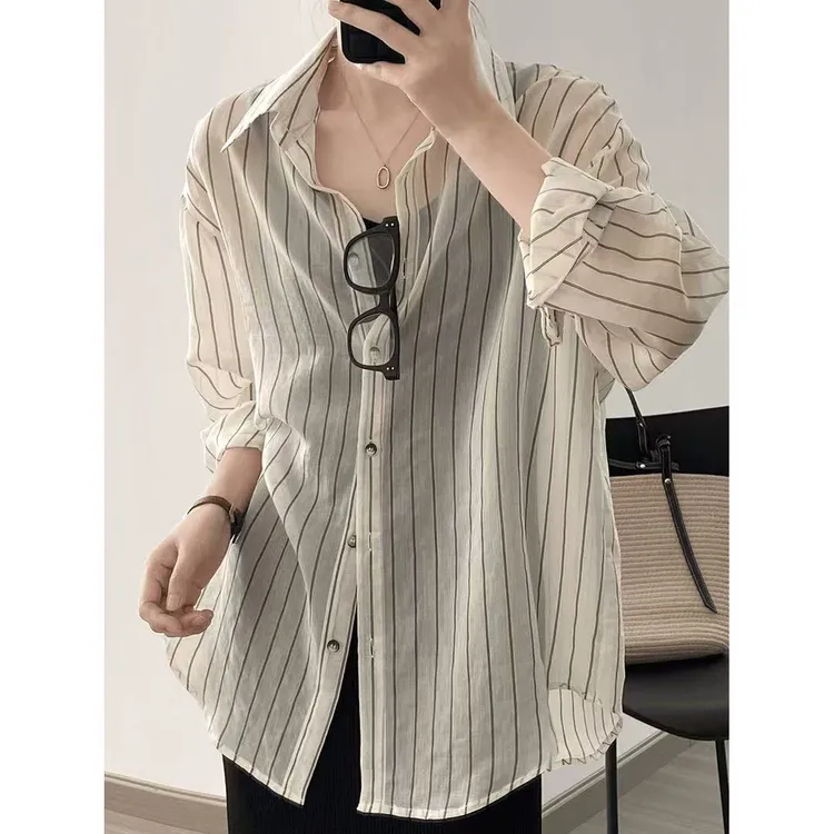 2025新款韩版宽松休闲中长薄款衬衣外穿垂感纯色衬衫长袖防晒衬衫