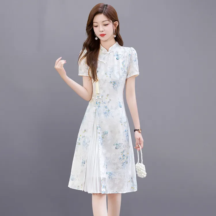 新中式国风改良旗袍连衣裙女夏2025新款时尚小个子提花盘扣裙子