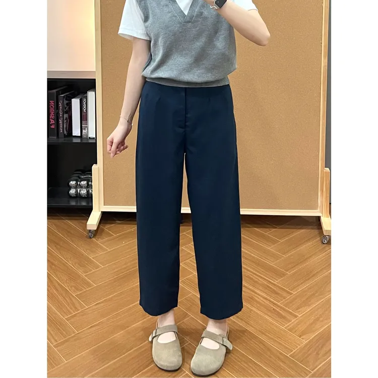 藏青色天丝亚麻休闲裤女夏季薄款梨型身材胖mm宽松显瘦九分哈伦裤