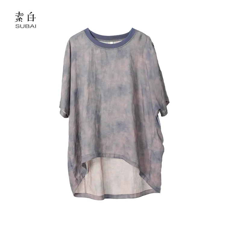 素白小众设计【天空】T01478随性百搭夏季苎麻印花T恤