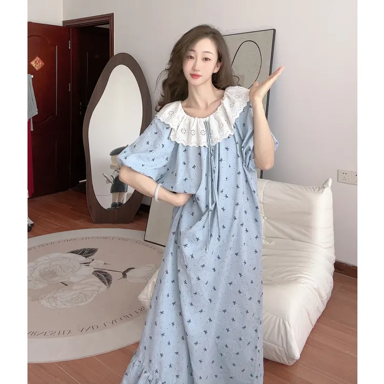 甜美夏天公主风短袖纯棉睡衣女100%全棉夏季中长款睡裙外穿家居服