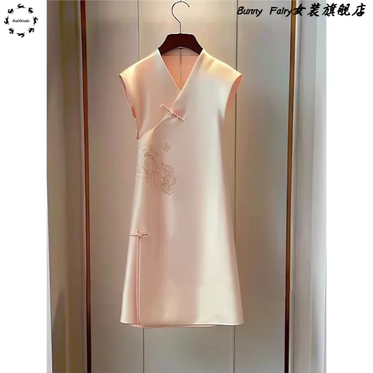 高级感粉色精致连衣裙女夏季新款国风修身显瘦遮肉新中式旗袍裙子