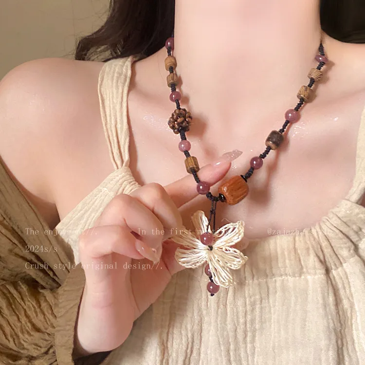 非金属木质项链 波西米亚风~新中式花朵串珠编织项链女民族风C35