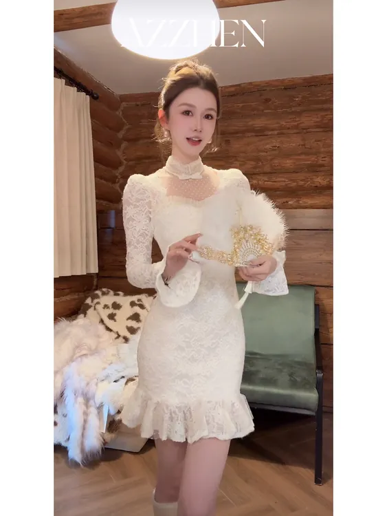 AZZHEN【柔纱告白】高级蕾丝拼网纱荷叶边加绒鱼尾裙连衣裙