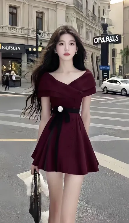 轻奢时尚高端大气温柔风酒红色低领短袖修身收腰设计感系带连衣裙