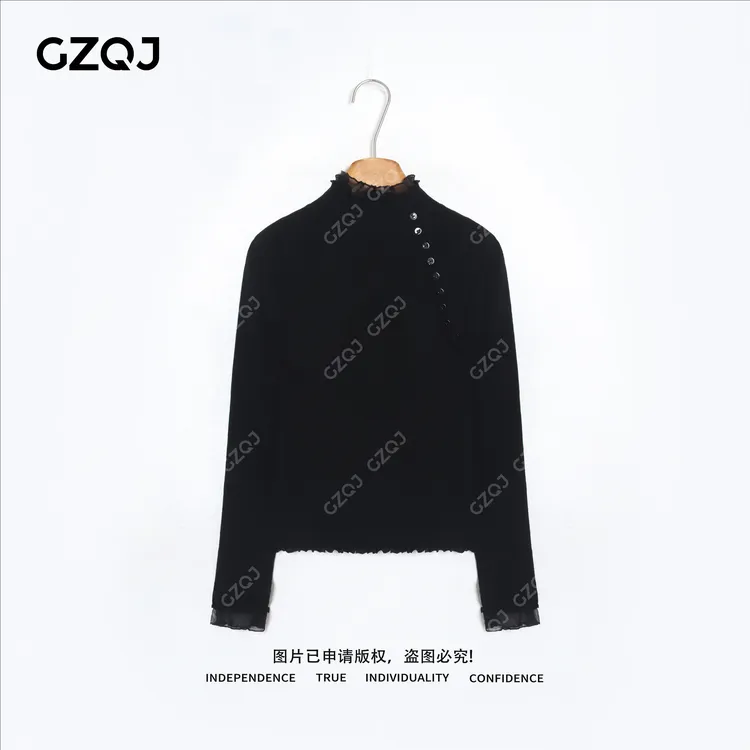 老琴私服【暗夜蔷薇】绵羊毛木耳边纽扣打底针织衫女冬季新款26689