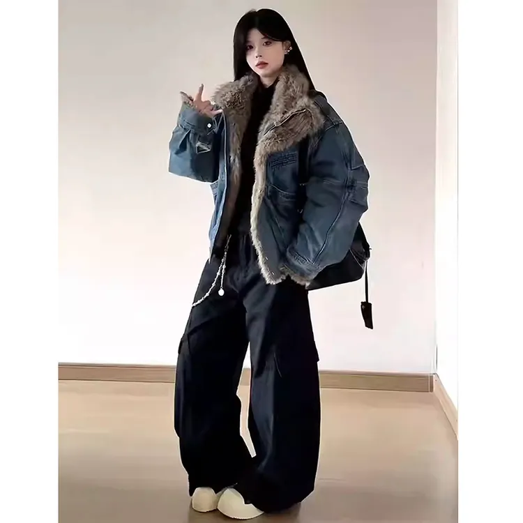 美式复古毛领水洗牛仔座山雕棉服男冬季加绒工装短款飞行夹克外套