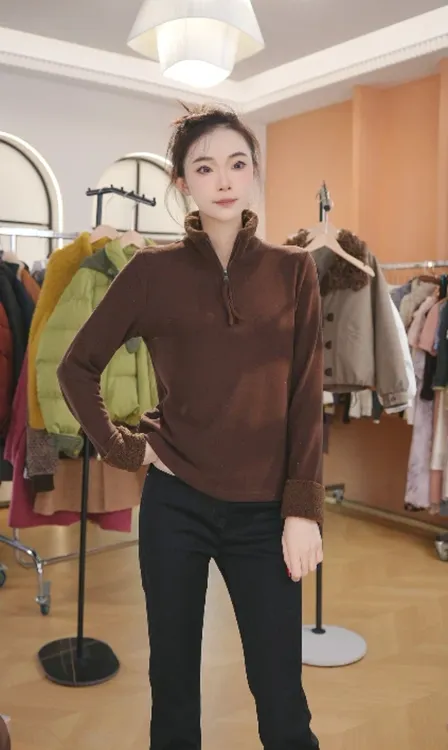 F显瘦洋气纯色厚款保暖立领拉链半开领秋冬新款休闲百搭长袖