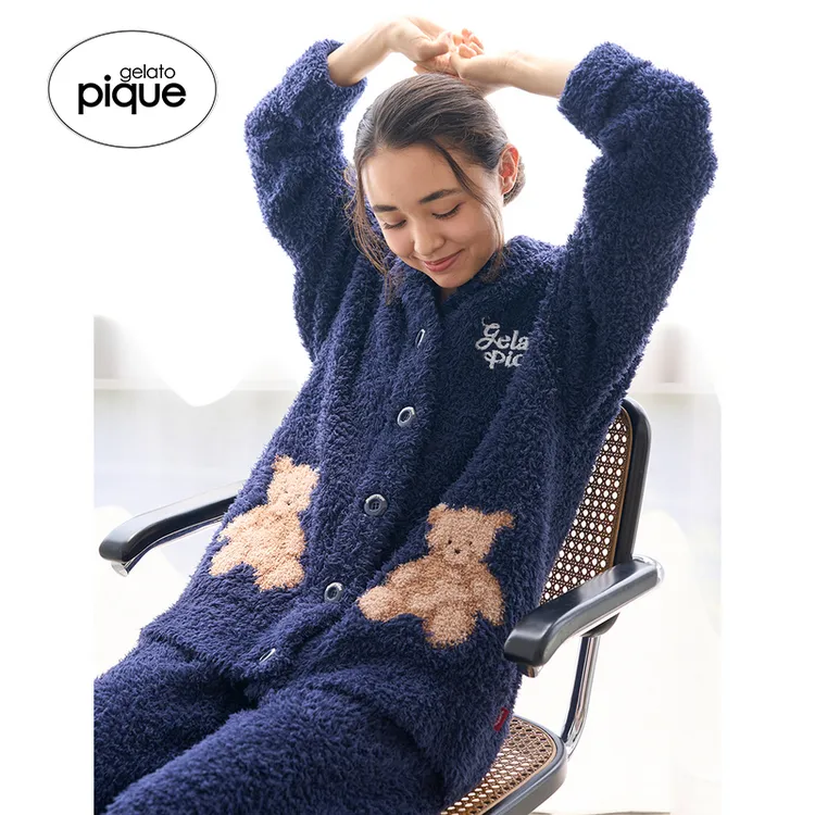 gelato pique25秋冬新品女睡衣半边绒小熊翻领开衫圣诞PWNT255071
