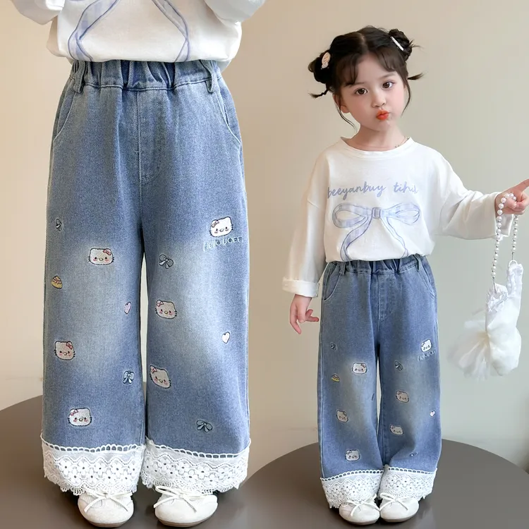 女童秋装洋气阔腿裤2025新款儿童韩版女宝宝时尚猫咪绣花牛仔裤潮