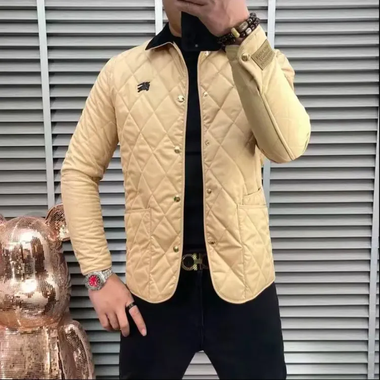 2025秋冬新款男士杏色加棉菱格夹克保暖修身纯色日常百搭薄棉夹克