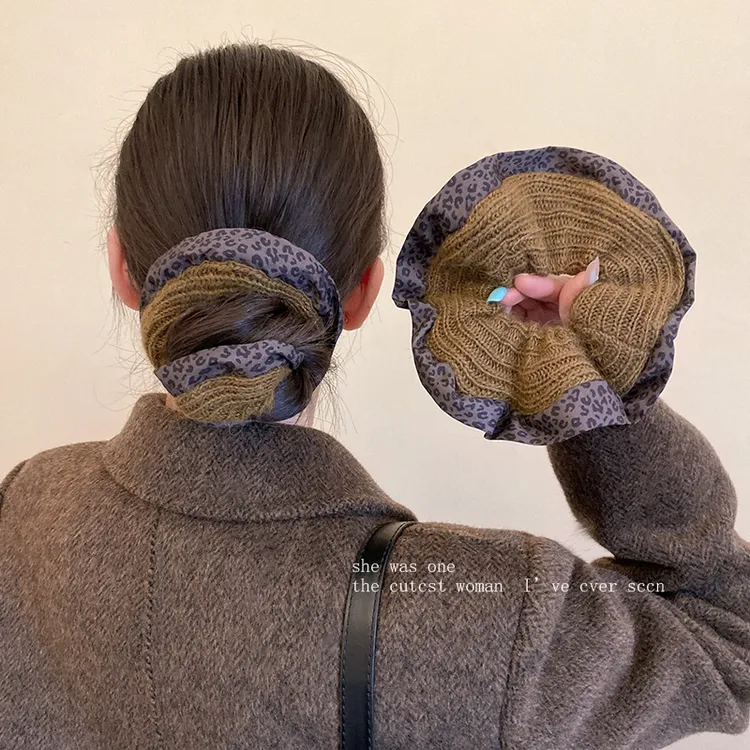 秋冬豹纹毛线针织大肠发圈女高弹力橡皮筋头花慵懒风丸子头绳发绳