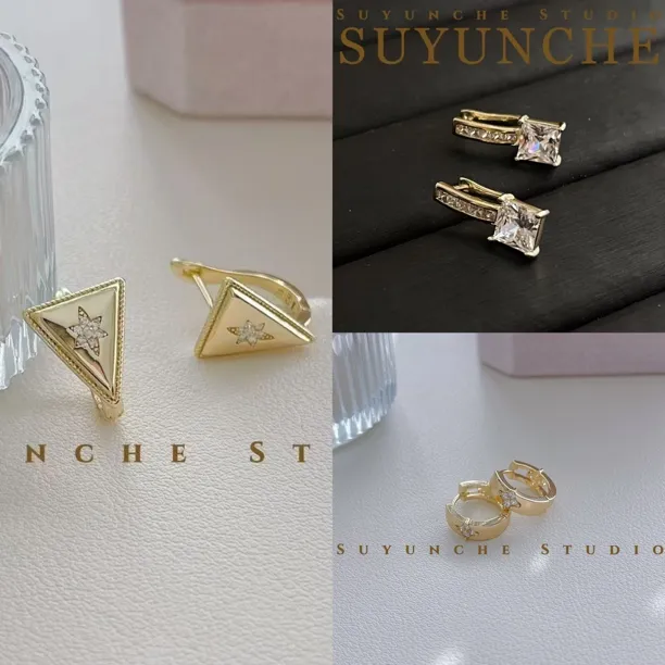 铜合金合成锆石耳饰 Suyunche2513通勤日常浅金色耳环三款可选