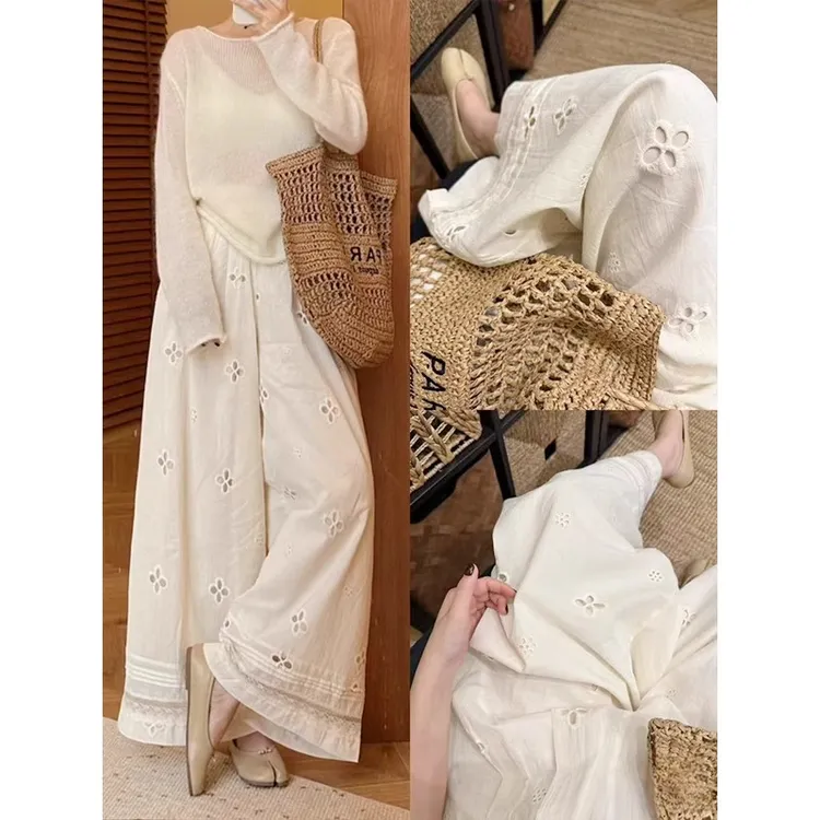 韩系镂空蕾丝拼接阔腿裤女夏季2025新款高腰宽松设计感阔腿休闲裤