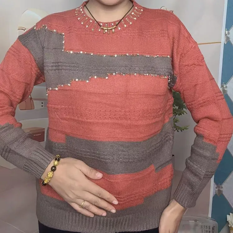 针织宽松型宽松圆领拼色毛针织衫秋冬时尚拼接