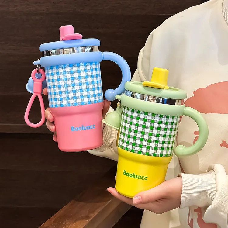 女生新款咖啡杯高颜值格纹ins风便携不锈钢保温吸管杯手柄礼品